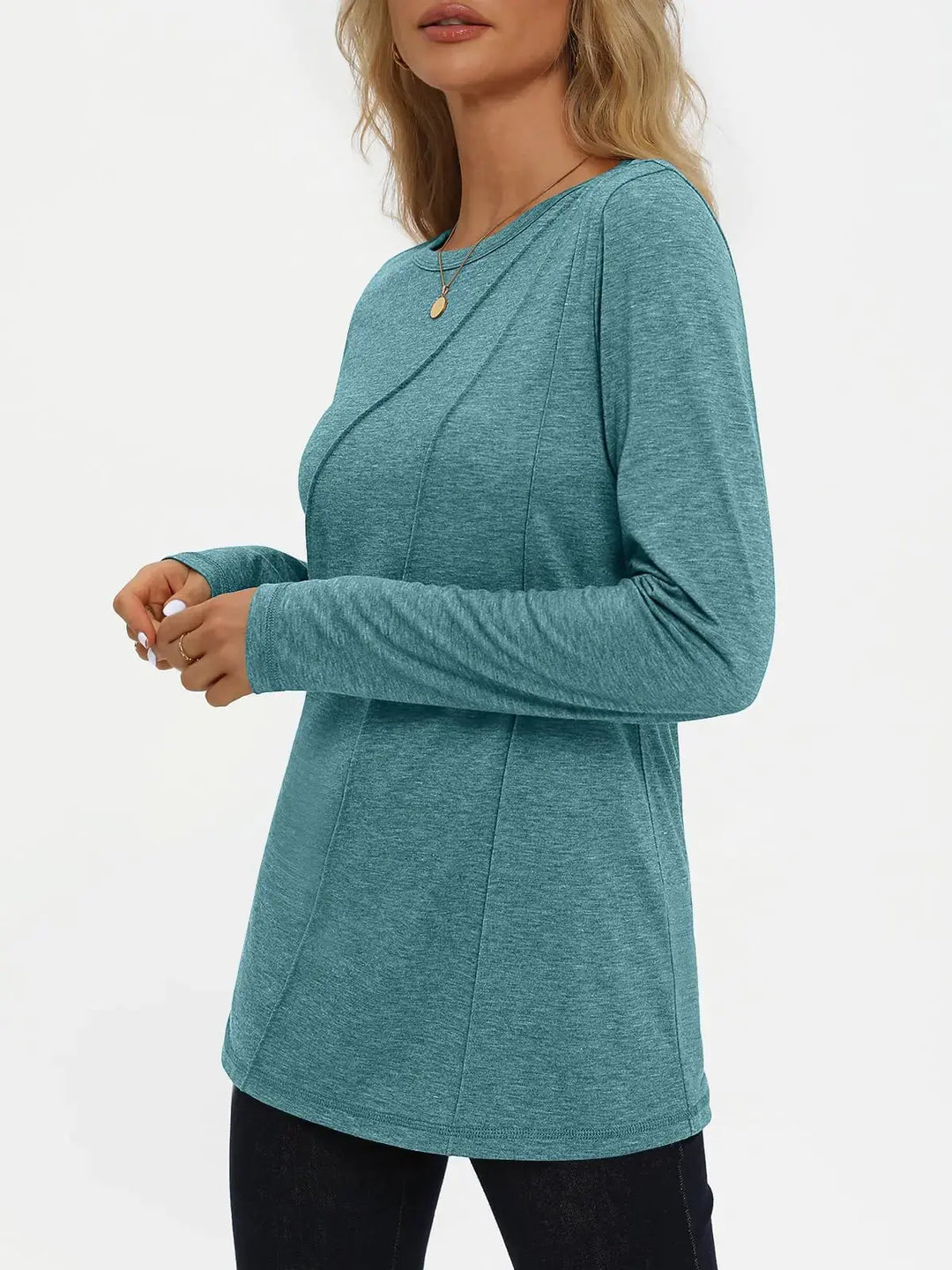 AUTOMET Womens Long Sleeve Shirts Pleated Crew Neck Casual Fall Fashion Tops