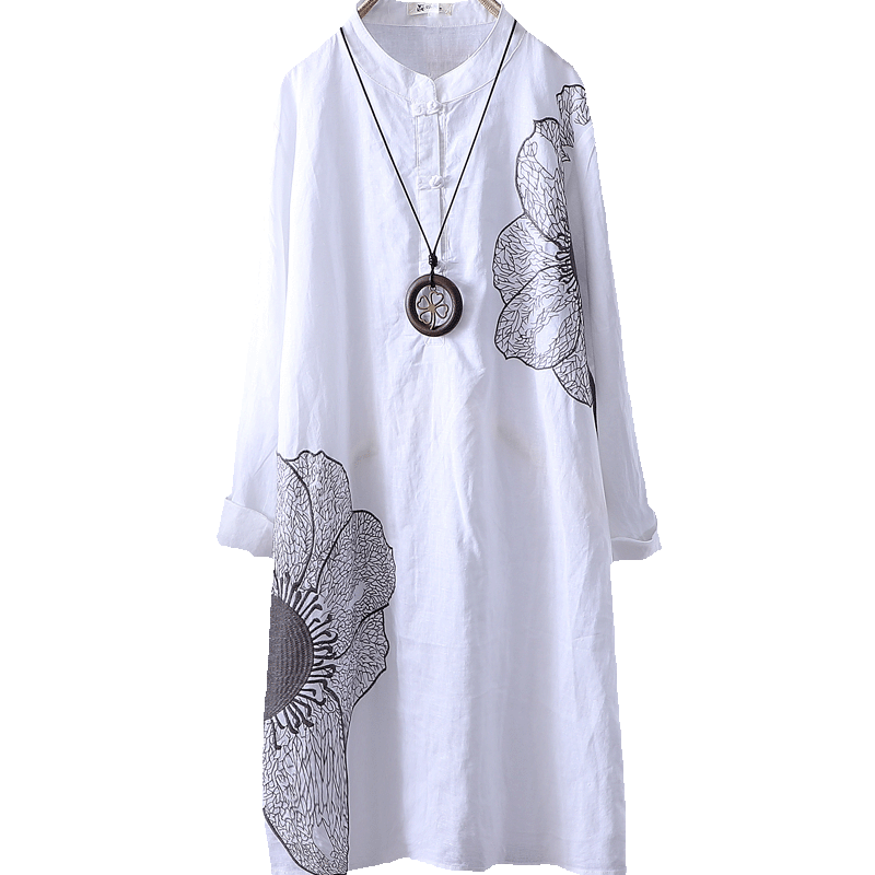 Cotton Shirt Long Sleeve Embroidery Blouse Stand Collar Loose Long Top Office Lady Casual Wear