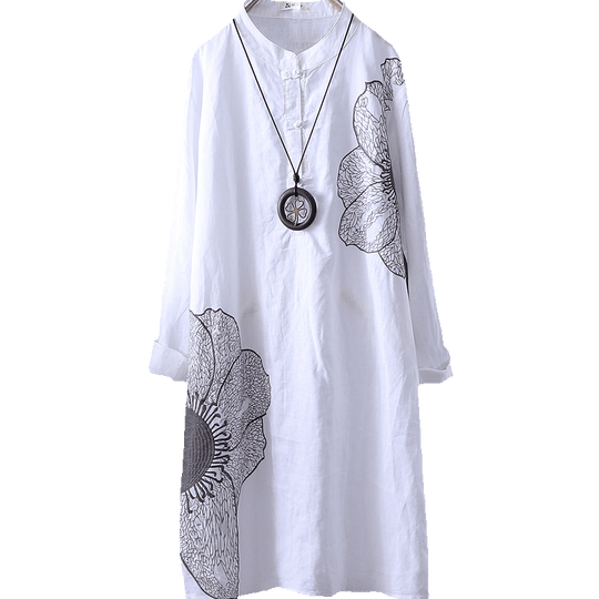 Cotton Shirt Long Sleeve Embroidery Blouse Stand Collar Loose Long Top Office Lady Casual Wear