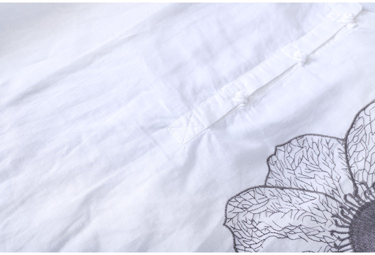 Cotton Shirt Long Sleeve Embroidery Blouse Stand Collar Loose Long Top Office Lady Casual Wear