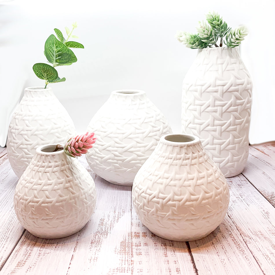 Embossed Cane Webbing Ceramic Vase - Modern Neutral Decor For Florals