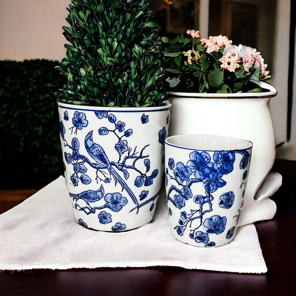 Blue White Chinoiserie Ceramic Vase Planter for Indoor Plants Decorative