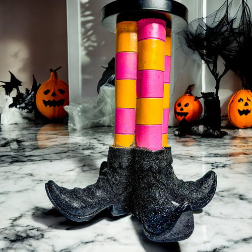 Witch Leg Pillar Candle Holder Halloween Decor Striped Boots Glitter