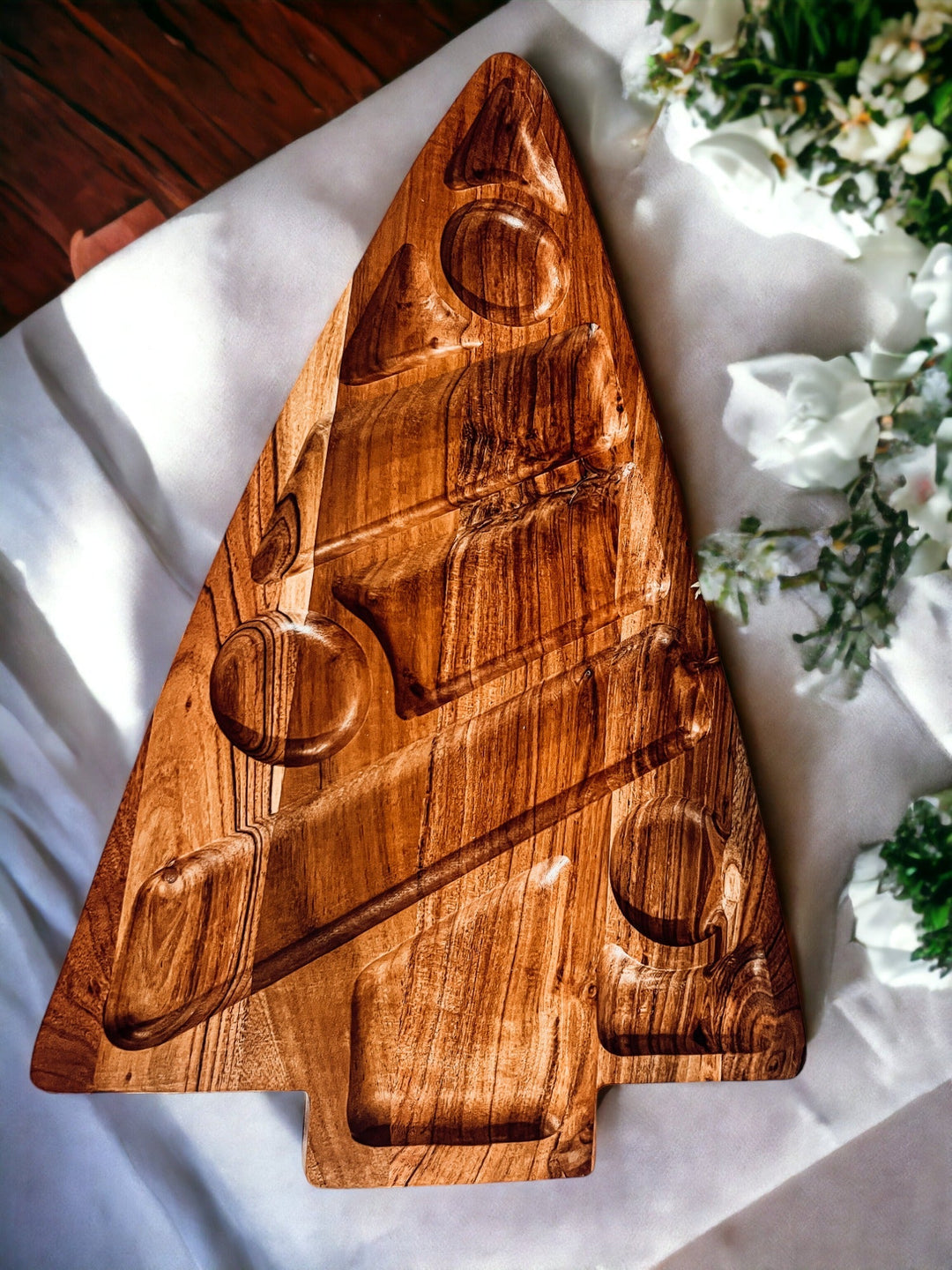 Oversized Acacia Wood Christmas Tree Charcuterie Board With Sectioned Serving
