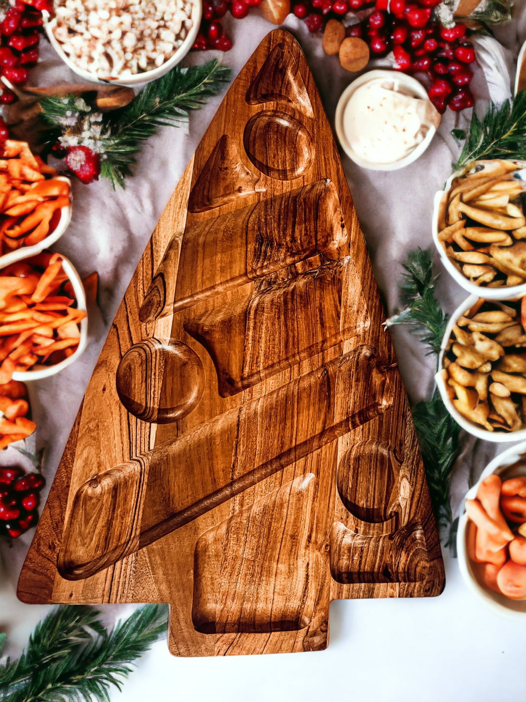Oversized Acacia Wood Christmas Tree Charcuterie Board With Sectioned Serving