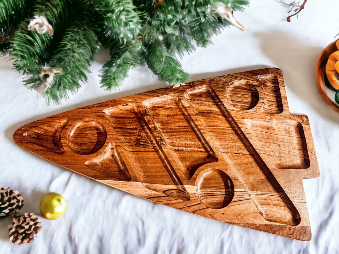 Oversized Acacia Wood Christmas Tree Charcuterie Board With Sectioned Serving