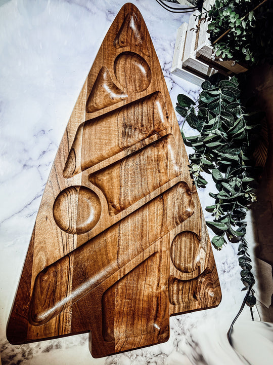 Oversized Acacia Wood Christmas Tree Charcuterie Board With Sectioned Serving