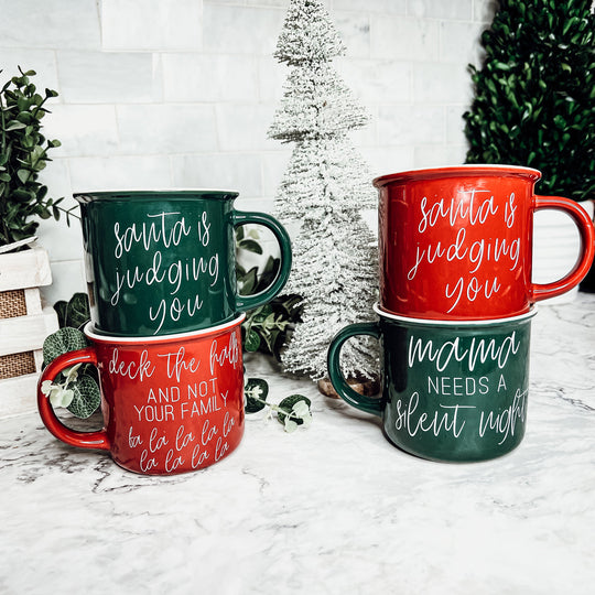 Santa Is Judging Mug 14.5oz Ceramic Campfire Style Holiday Coffee Mug Red Or Green Double Sided
