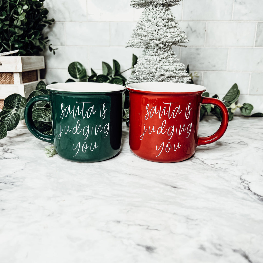 Santa Is Judging Mug 14.5oz Ceramic Campfire Style Holiday Coffee Mug Red Or Green Double Sided