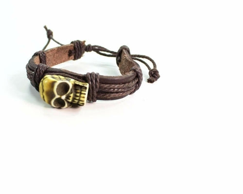 Genuine Leather Skull Bracelet Handmade Adjustable Tribal
