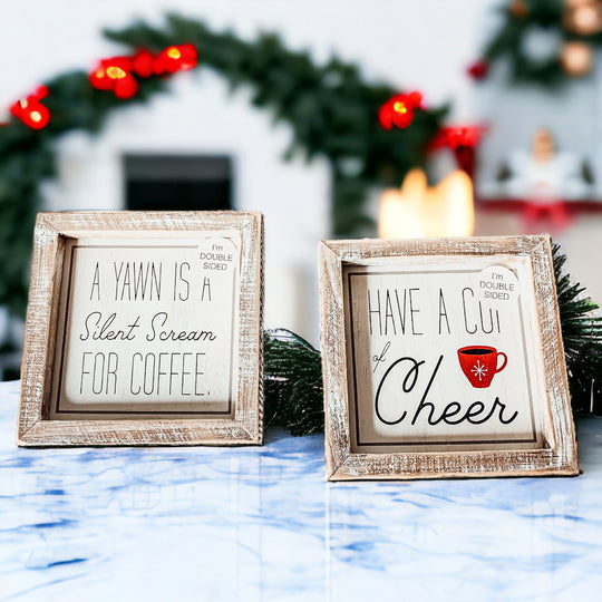 Cup Of Cheer Double Sided Coffee Bar Sign Holiday Winter Coffee Decor Red Mug Snowflake