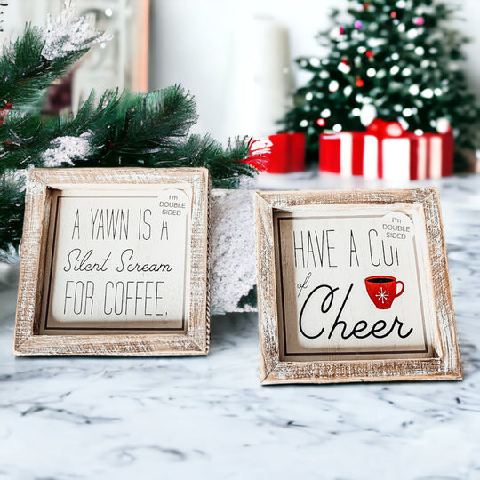 Cup Of Cheer Double Sided Coffee Bar Sign Holiday Winter Coffee Decor Red Mug Snowflake