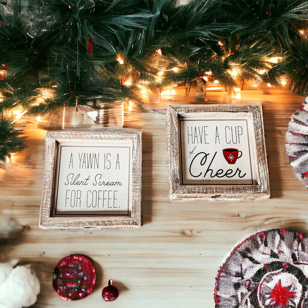 Cup Of Cheer Double Sided Coffee Bar Sign Holiday Winter Coffee Decor Red Mug Snowflake
