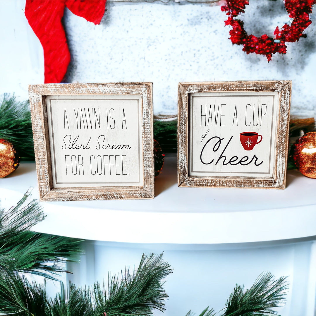 Cup Of Cheer Double Sided Coffee Bar Sign Holiday Winter Coffee Decor Red Mug Snowflake
