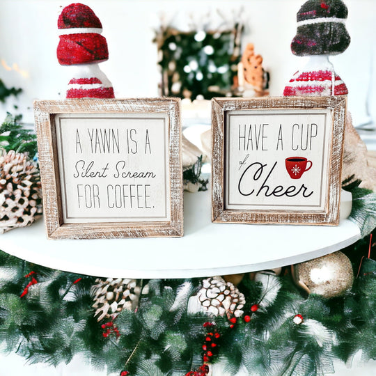 Cup Of Cheer Double Sided Coffee Bar Sign Holiday Winter Coffee Decor Red Mug Snowflake