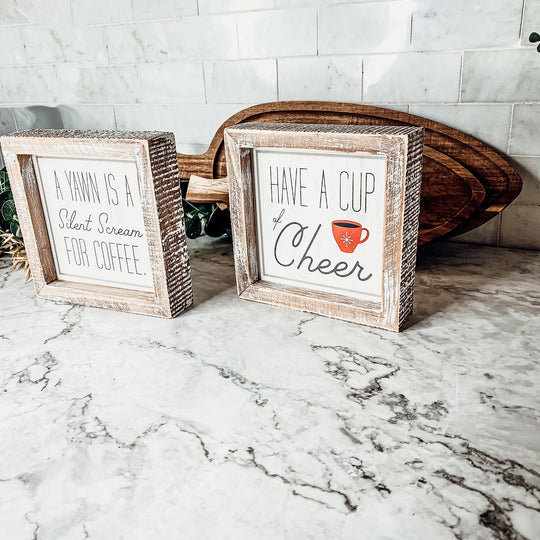 Cup Of Cheer Double Sided Coffee Bar Sign Holiday Winter Coffee Decor Red Mug Snowflake