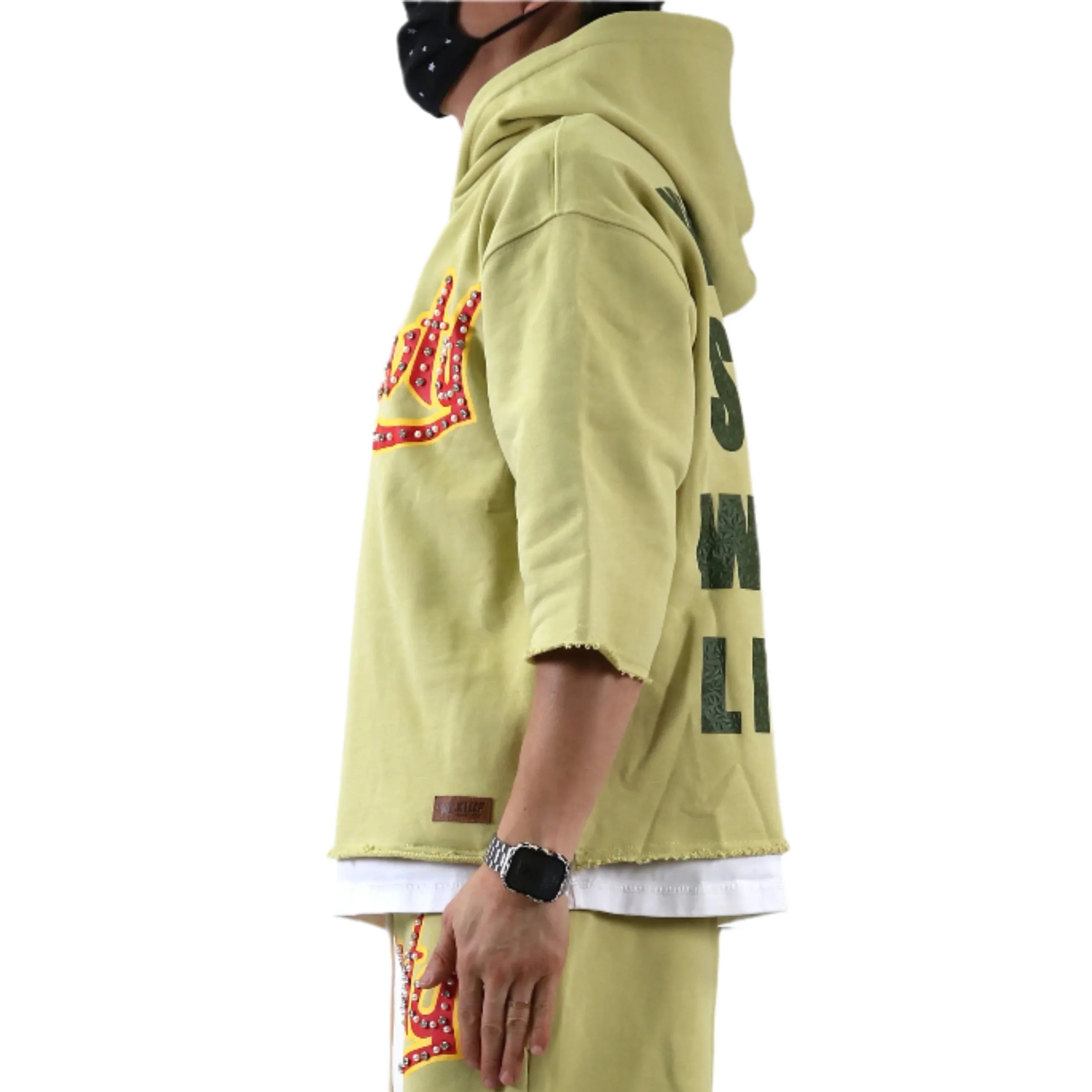 BRITON French Terry 3/4 Sleeve Crop Top Pullover Hoodie