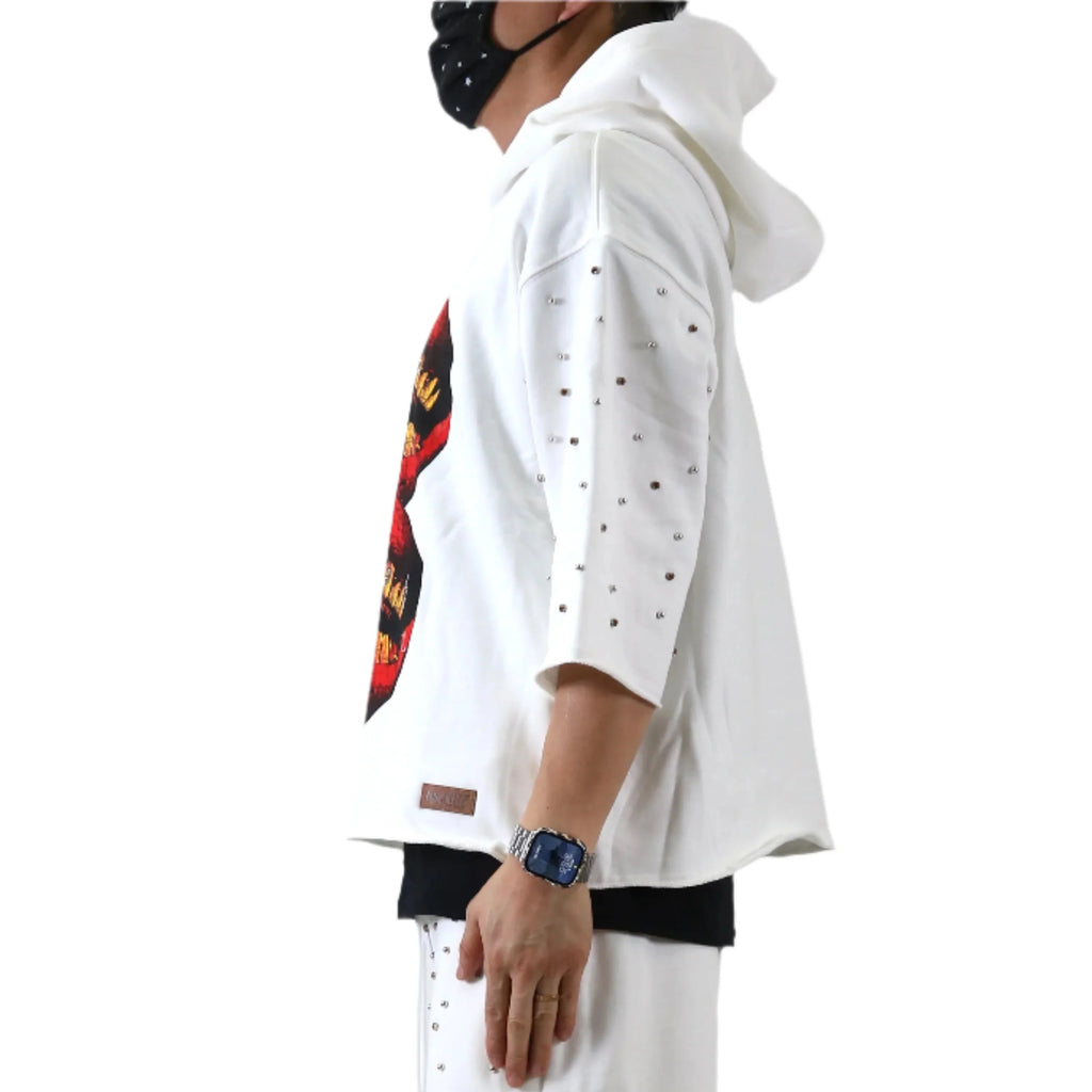 CLAIN French Terry 3/4 Sleeve Crop Top Pullover Hoodie