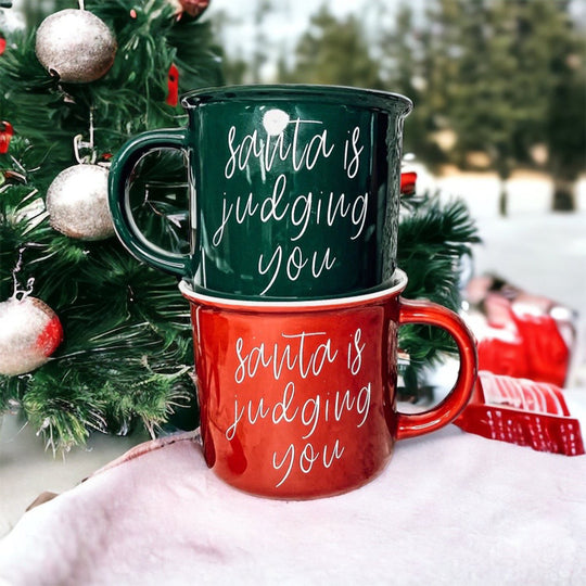 Santa Is Judging Mug 14.5oz Ceramic Campfire Style Holiday Coffee Mug Red Or Green Double Sided