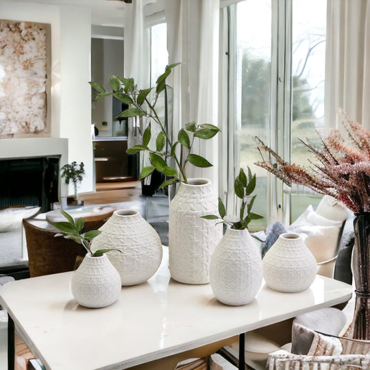 Embossed Cane Webbing Ceramic Vase - Modern Neutral Decor For Florals
