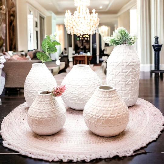 Embossed Cane Webbing Ceramic Vase - Modern Neutral Decor For Florals