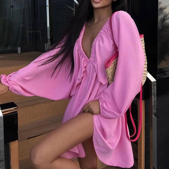 Deep V Neck Sexy Dress Temperament Retro Solid Color Pleated Dress Elegant Long Sleeve Large Size Casual Womens Dresses ropa