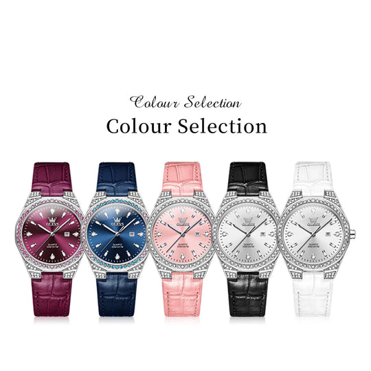 Women's Crystal Bezel White Leather Strap Watch Quartz Date