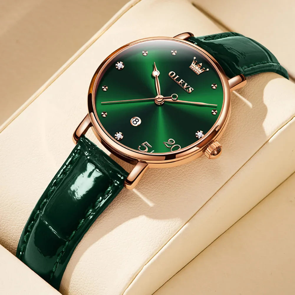 Women's Green Dial Slim Leather Strap Watch Gift