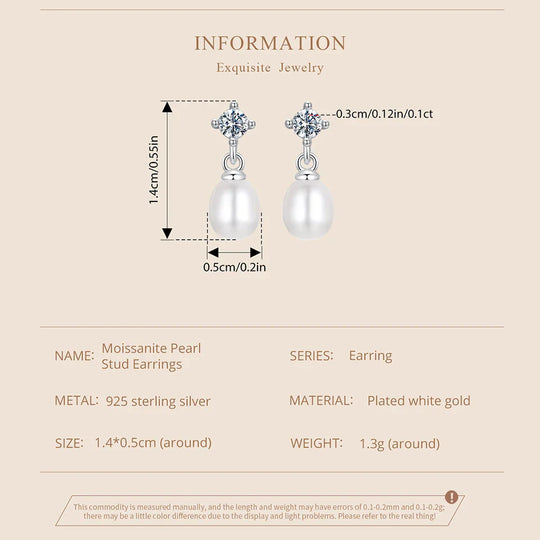 Moissanite Pearl Drop Earrings 925 Sterling Silver 0.1ct Dainty Mom Gift