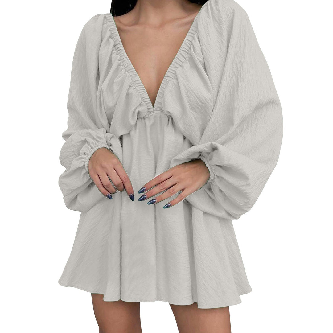 Deep V Neck Sexy Dress Temperament Retro Solid Color Pleated Dress Elegant Long Sleeve Large Size Casual Womens Dresses ropa