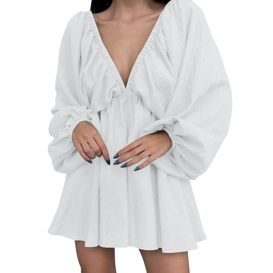 Deep V Neck Sexy Dress Temperament Retro Solid Color Pleated Dress Elegant Long Sleeve Large Size Casual Womens Dresses ropa