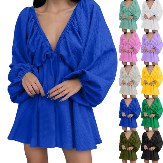 Deep V Neck Sexy Dress Temperament Retro Solid Color Pleated Dress Elegant Long Sleeve Large Size Casual Womens Dresses ropa