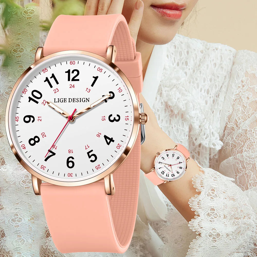 Women's Pink Silicone Watch Large Dial Rose Gold Minimal