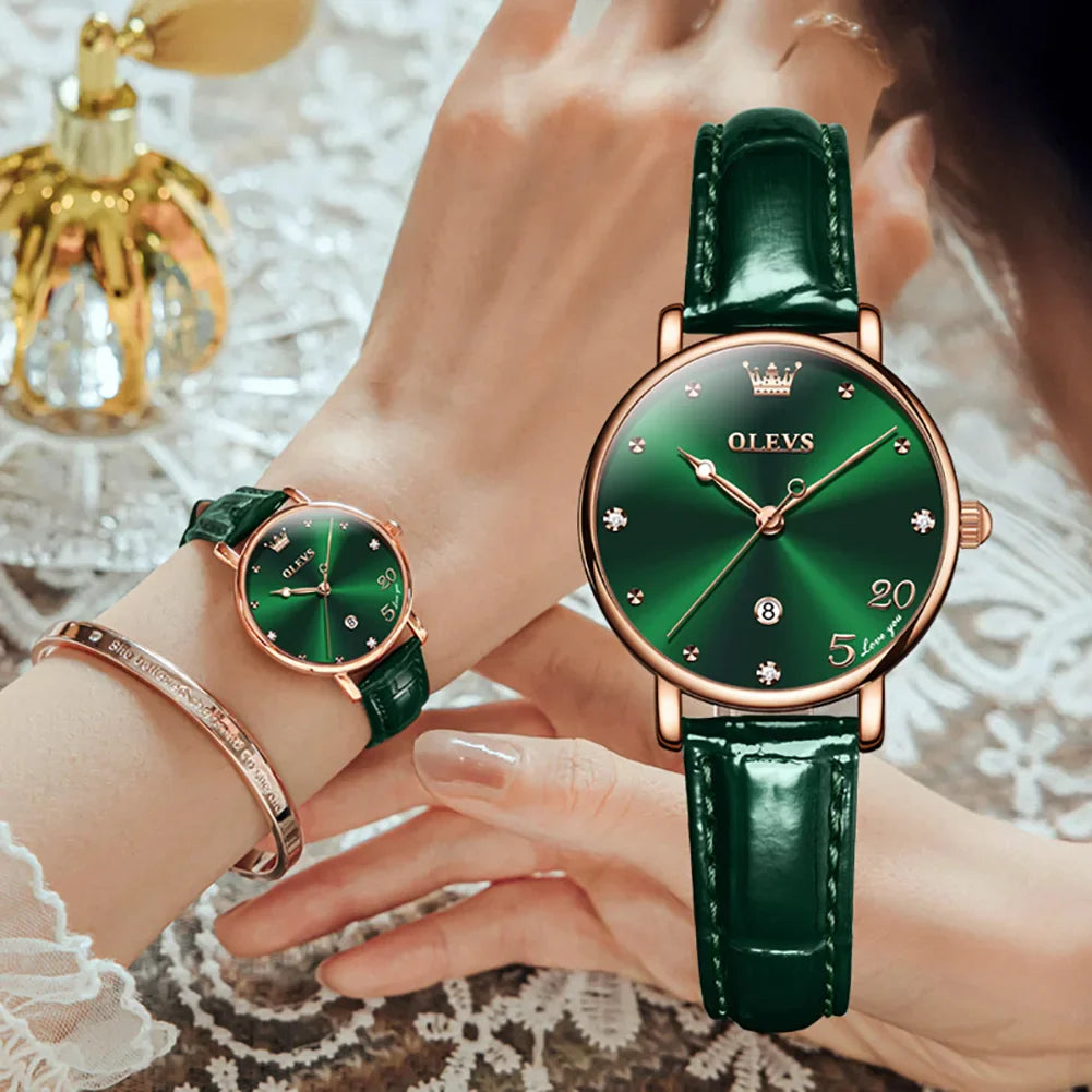 Women's Green Dial Slim Leather Strap Watch Gift