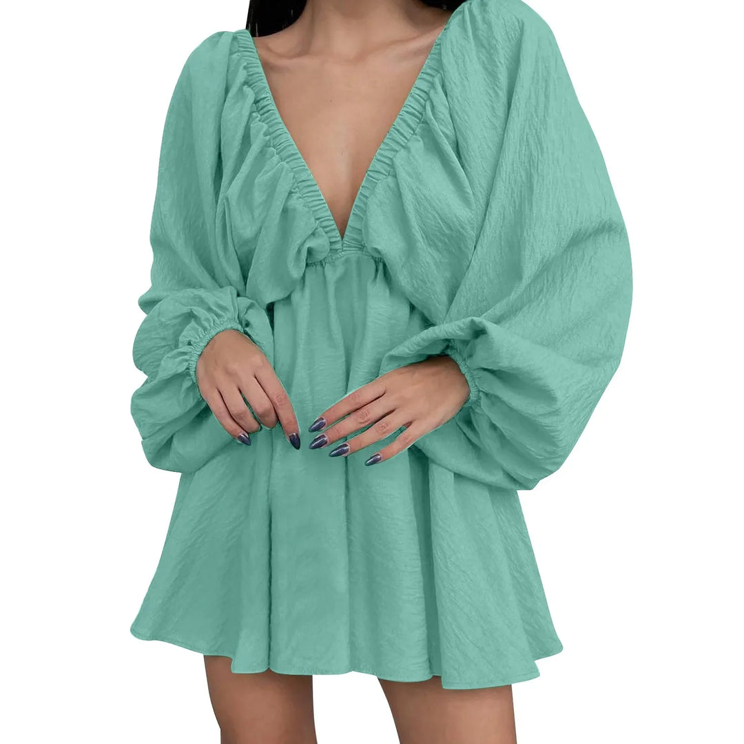 Deep V Neck Sexy Dress Temperament Retro Solid Color Pleated Dress Elegant Long Sleeve Large Size Casual Womens Dresses ropa
