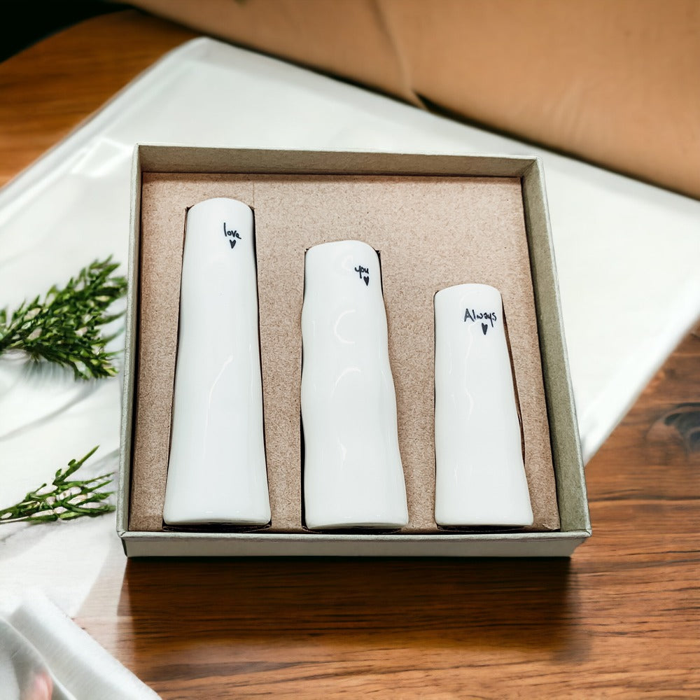 Mini Porcelain Vase Gift Set 3 White Glazed Bud Vases In Gift Box
