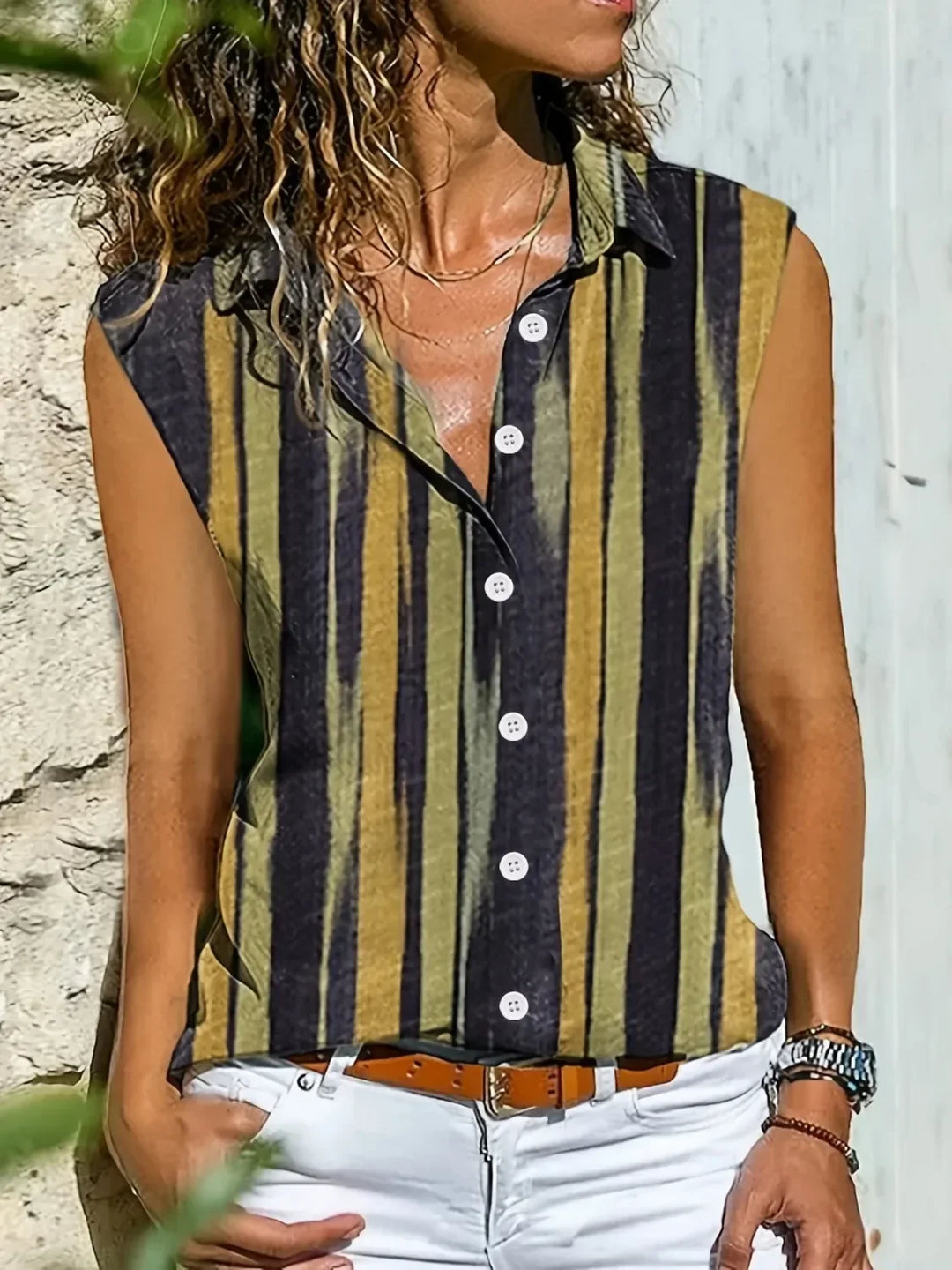 Button Detail Striped Sleeveless Shirt
