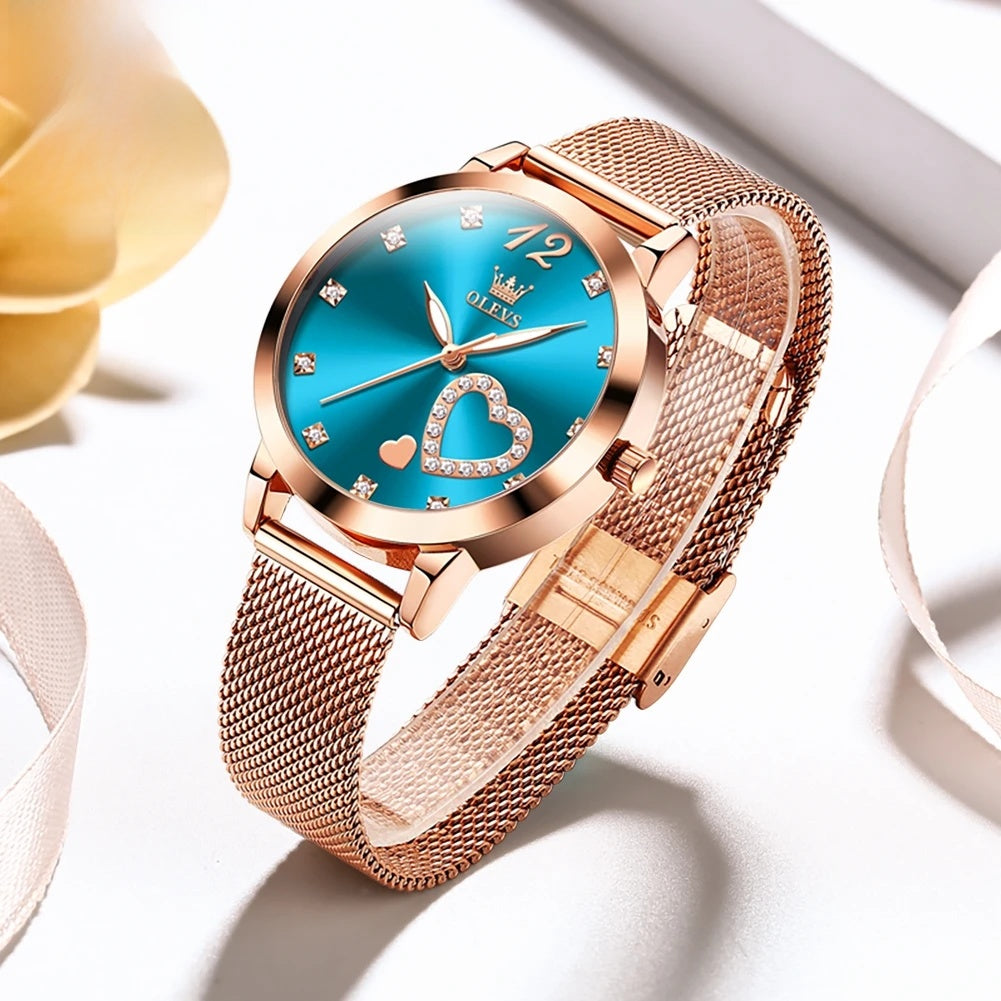 Rose Gold Mesh Women's Watch Heart Crystal Dial Quartz