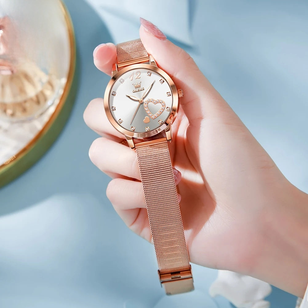 Rose Gold Mesh Women's Watch Heart Crystal Dial Quartz