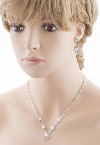 Bridal Pearl Crystal Rhinestone Necklace And Earrings Set