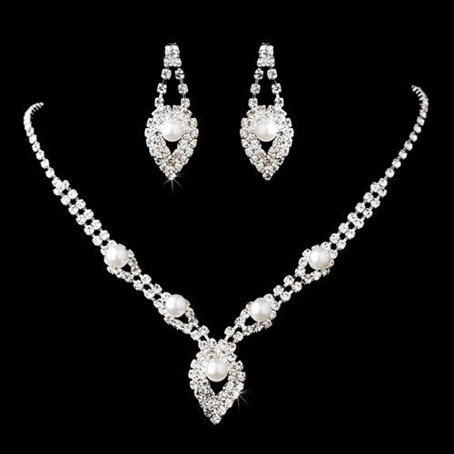 Bridal Pearl Crystal Rhinestone Necklace And Earrings Set