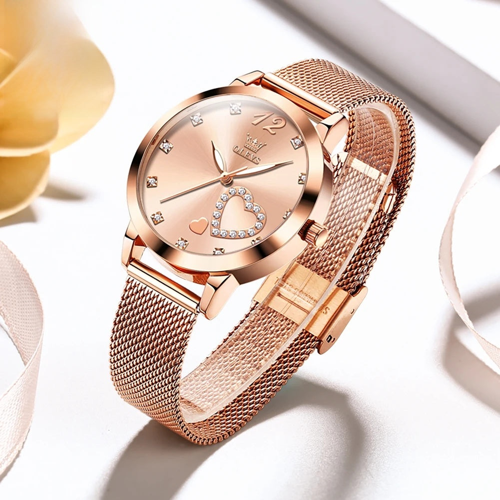 Rose Gold Mesh Women's Watch Heart Crystal Dial Quartz