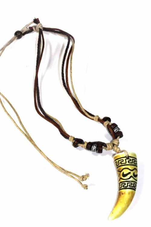 Carved Tusk Boho Necklace Tribal Pendant Leather Cord