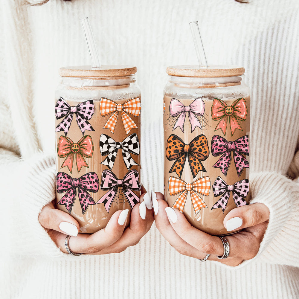 Fall Bows 20oz Glass Tumbler With Bamboo Lid, Straws And Straw Cleaner