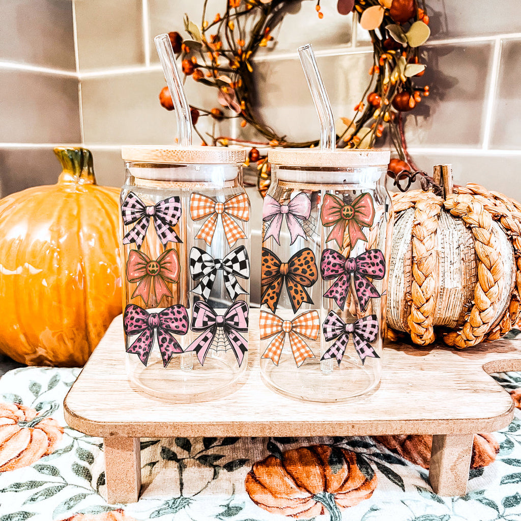 Fall Bows 20oz Glass Tumbler With Bamboo Lid, Straws And Straw Cleaner
