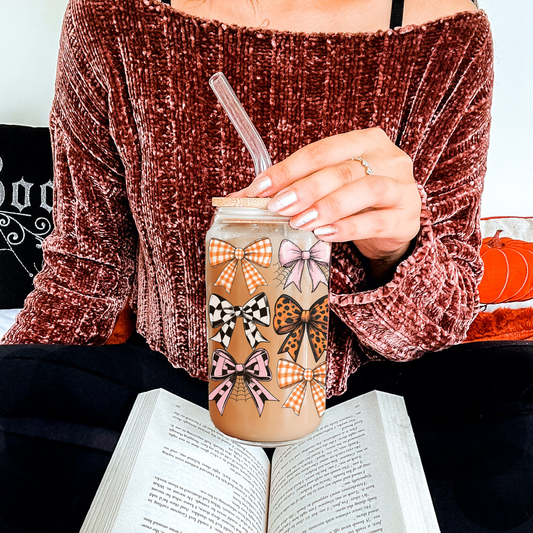 Fall Bows 20oz Glass Tumbler With Bamboo Lid, Straws And Straw Cleaner