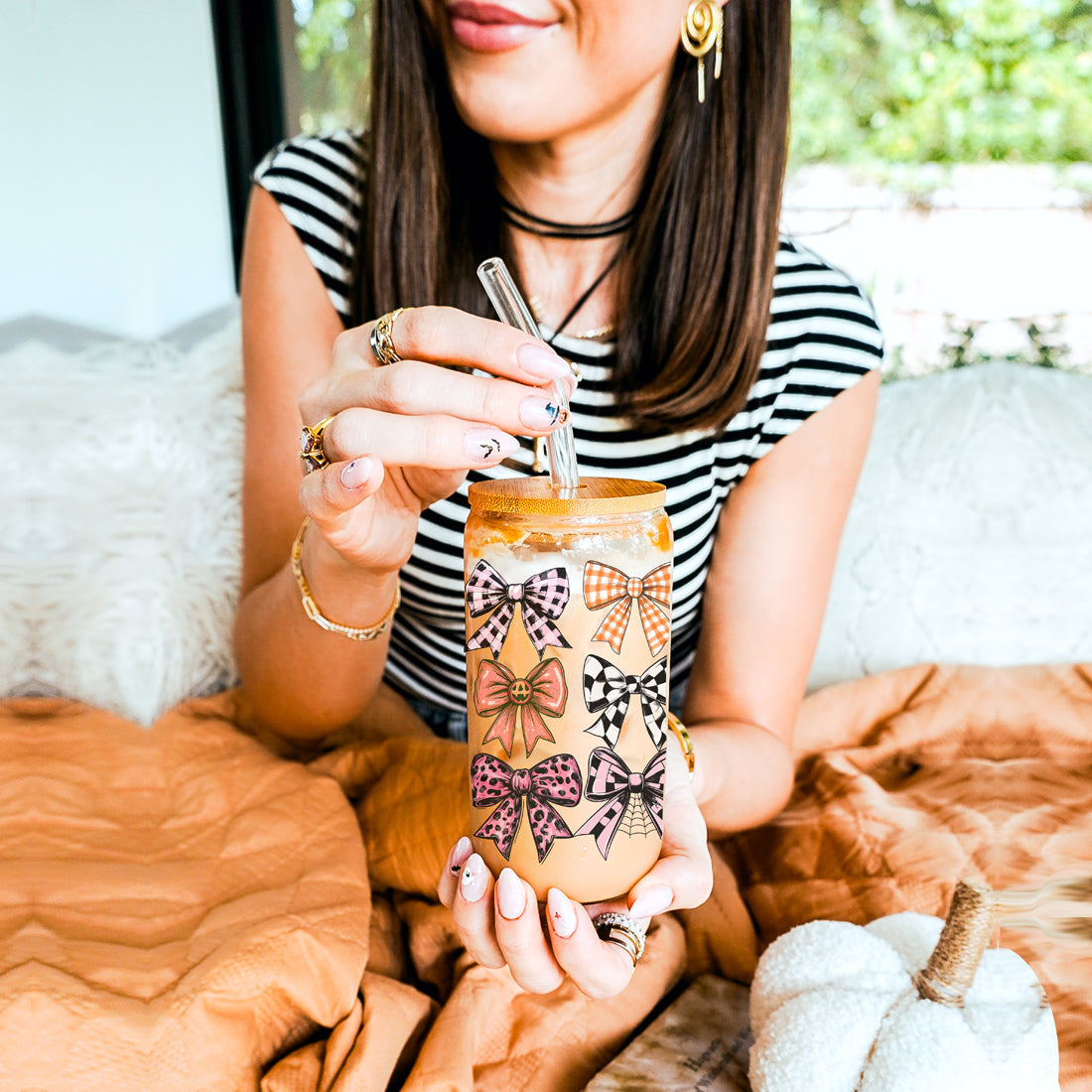 Fall Bows 20oz Glass Tumbler With Bamboo Lid, Straws And Straw Cleaner
