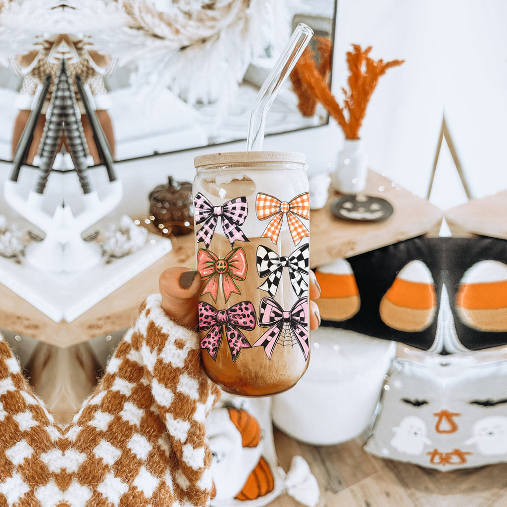 Fall Bows 20oz Glass Tumbler With Bamboo Lid, Straws And Straw Cleaner