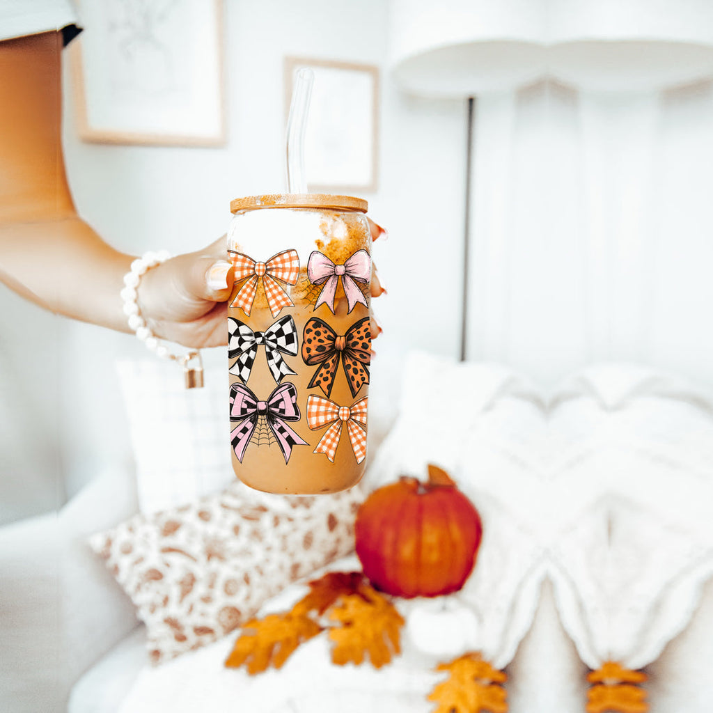 Fall Bows 20oz Glass Tumbler With Bamboo Lid, Straws And Straw Cleaner