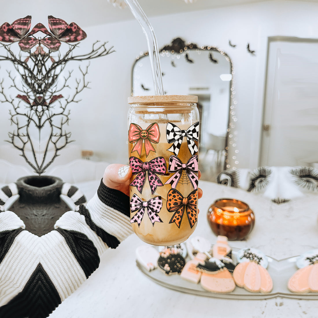 Fall Bows 20oz Glass Tumbler With Bamboo Lid, Straws And Straw Cleaner